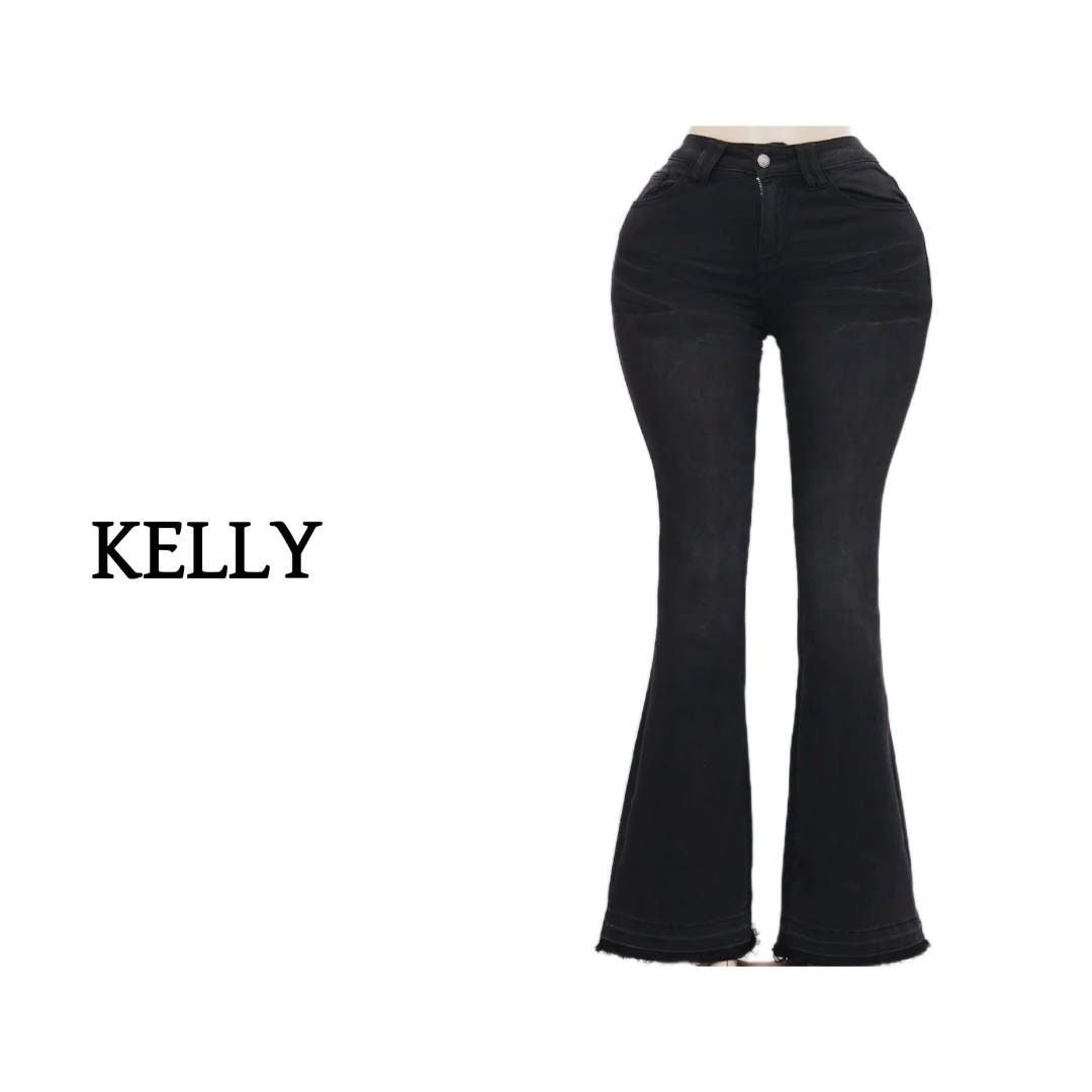 KELLY/超模神裤/拉腿神器/长腿比例/显瘦黑色牛仔裤/微喇裤