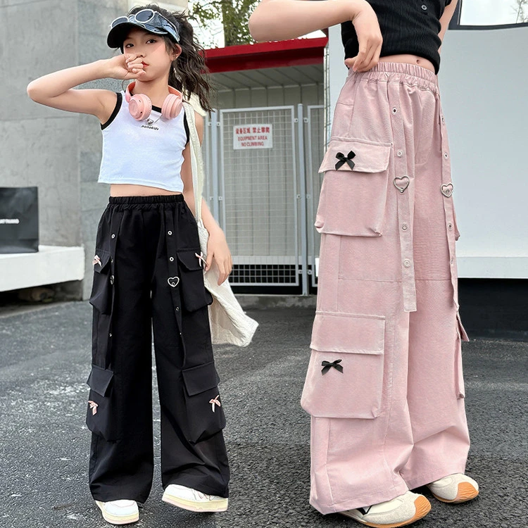 尚品琳25300女童夏季裤子冰丝工装裤黑色显瘦胖孩大童防蚊阔腿裤