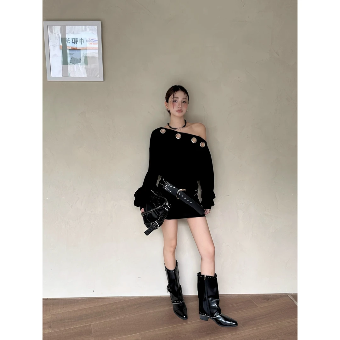 PMKDE||秋新款设计感斜肩灰色连衣裙女纯欲辣妹性感一字肩包臀