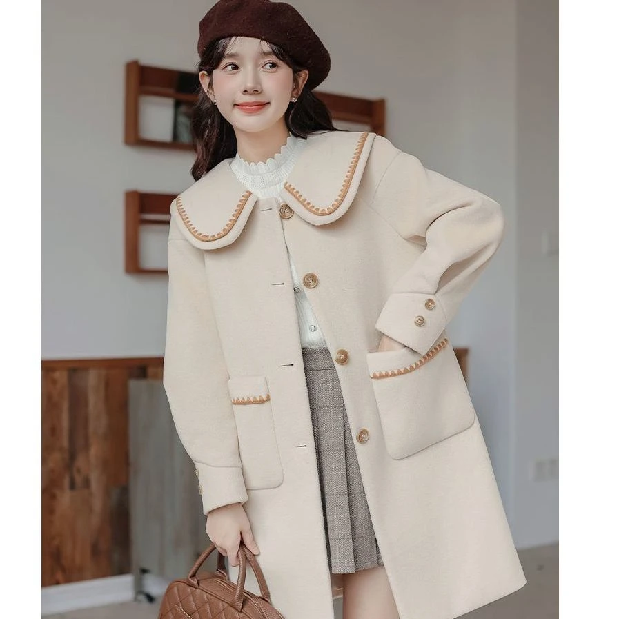 学院风娃娃领毛呢外套女冬季2024新款小个子韩系中长款加厚呢大衣