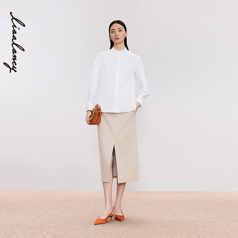 LANCY/朗姿2024秋季新款白色通勤立领廓形衬衫女西装内搭商务上衣