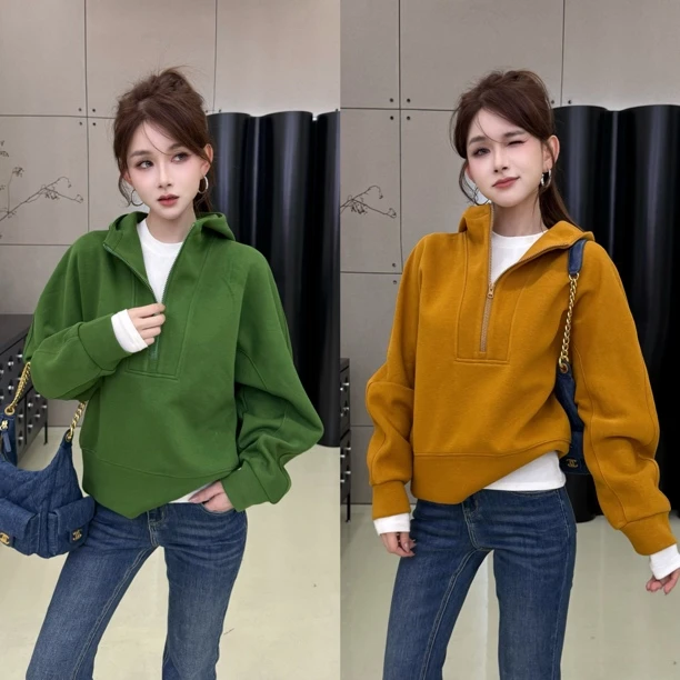 【邂逅慵懒】半拉链宽松高级感内加银狐绒加厚连帽上衣