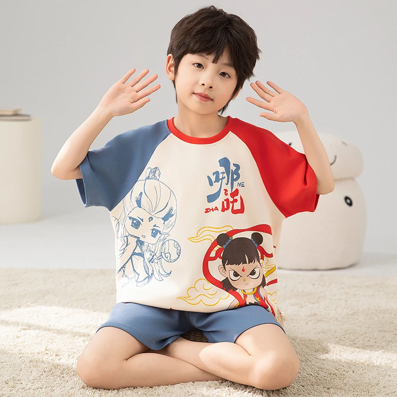 2025新款哪吒男童睡衣夏季短袖纯棉薄款小男孩中大童青少年家居服