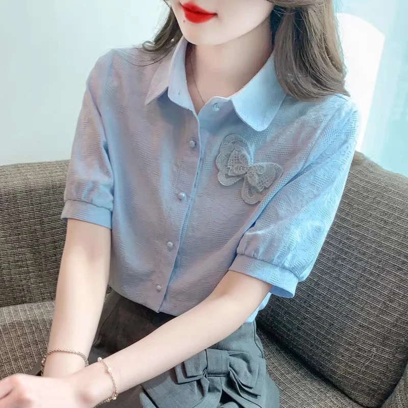 2025年夏装新款提花刺绣纯棉衬衫女全棉女士衬衣洋气薄款上衣短袖