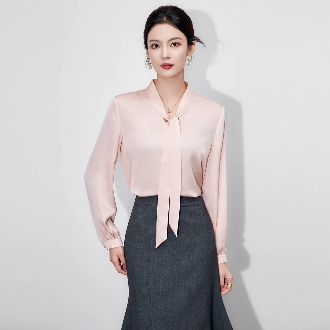 秋冬新款显白粉色气质通勤优雅V领飘带长袖衬衫衬衣修身半身裙