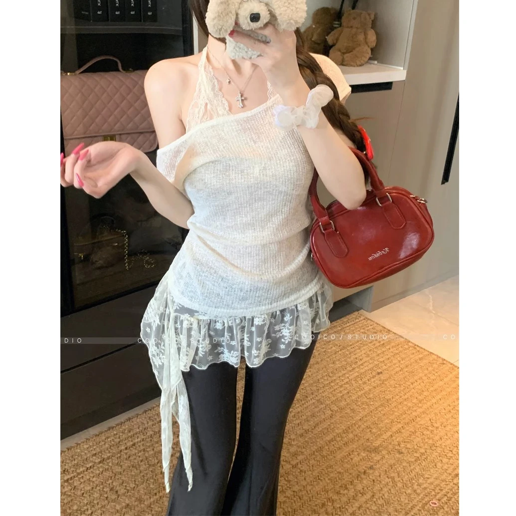 韩系斜肩短袖T恤女夏季叠穿蕾丝吊带两件套修身薄款露肩罩衫上衣