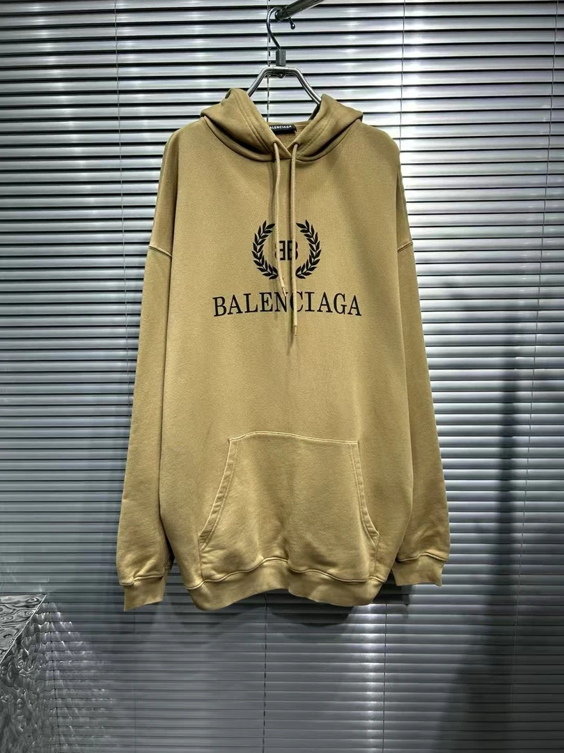 95新 Balenciaga/巴黎世家 爆款胸前麦穗双b卡其色帽衫/s码