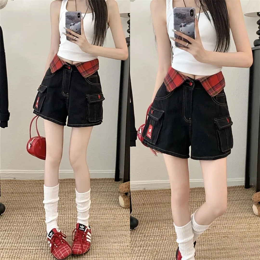 美式辣妹红格kt猫刺绣牛仔短裤女夏季新款高腰显瘦a字热裤潮