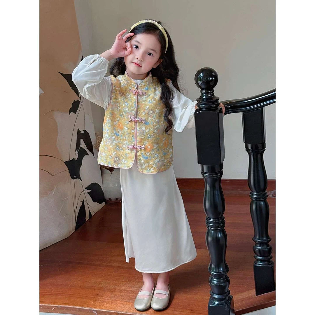中秋汉服女童唐装新中式国风套装旗袍古风金色马甲周岁宝宝礼服裙