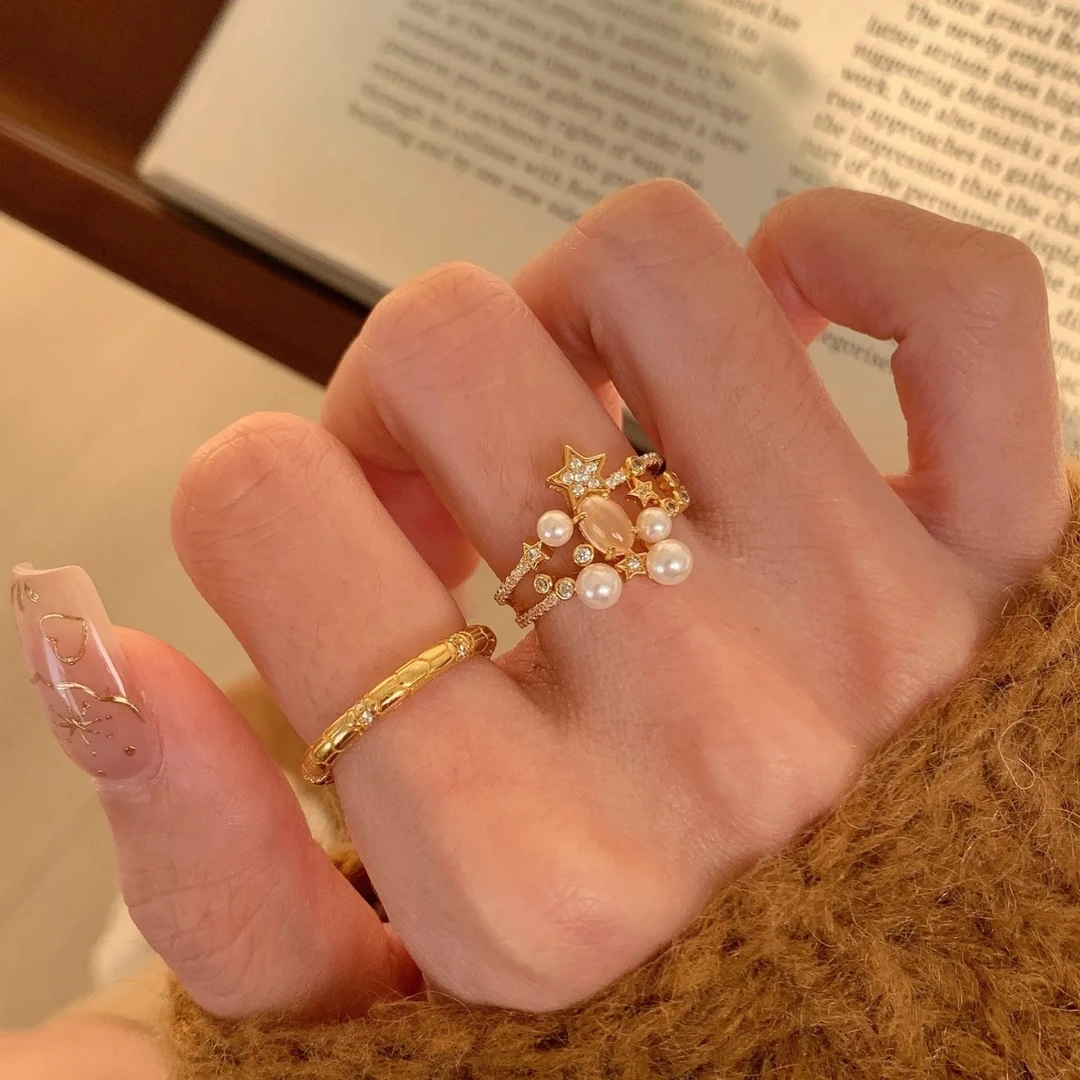 铜合金锆石戒指 高级感星星珍珠双层戒指女轻奢小众时尚指环戒子