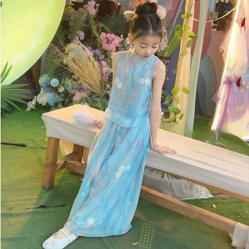 女童套装夏季中大童新款儿童时尚国风汉服女孩洋气新中式两件套潮