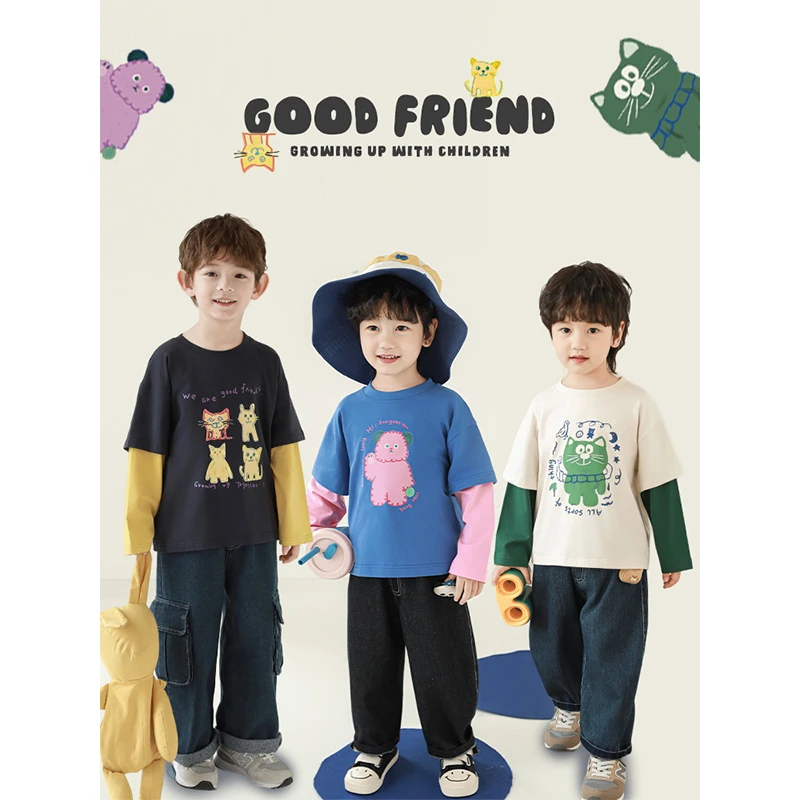 【25年春二波】原创动感拼色 卡通印花 百搭假两件T恤N6076