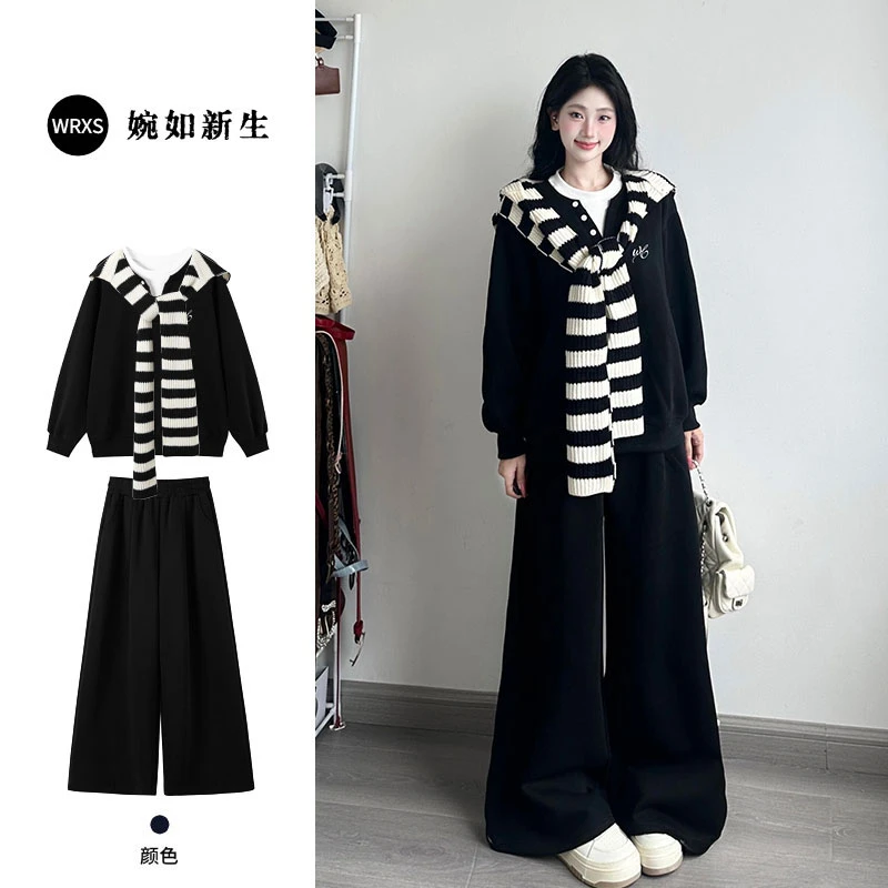 2025早秋黑色带披肩长袖卫衣女套装慵懒风宽松休闲运动三件套