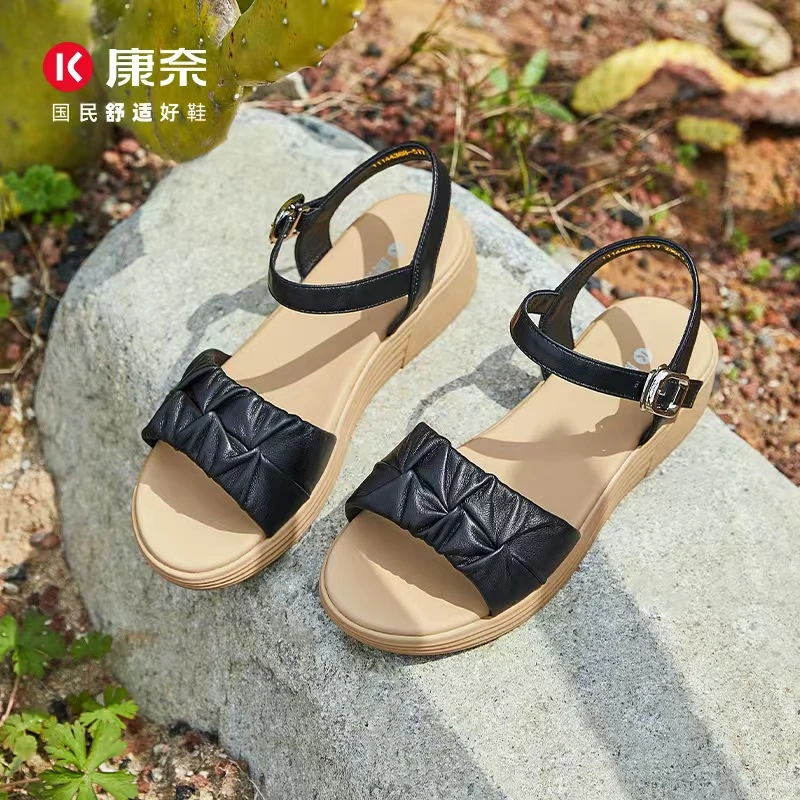 夏季百搭舒适轻便圆头平跟皮凉鞋新款11144388