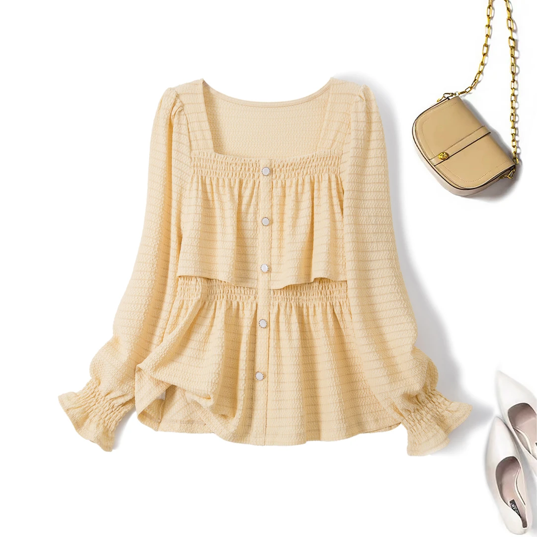 2025秋季新款胖mm大码女装法式气质方领上衣荷叶边长袖小衫64835