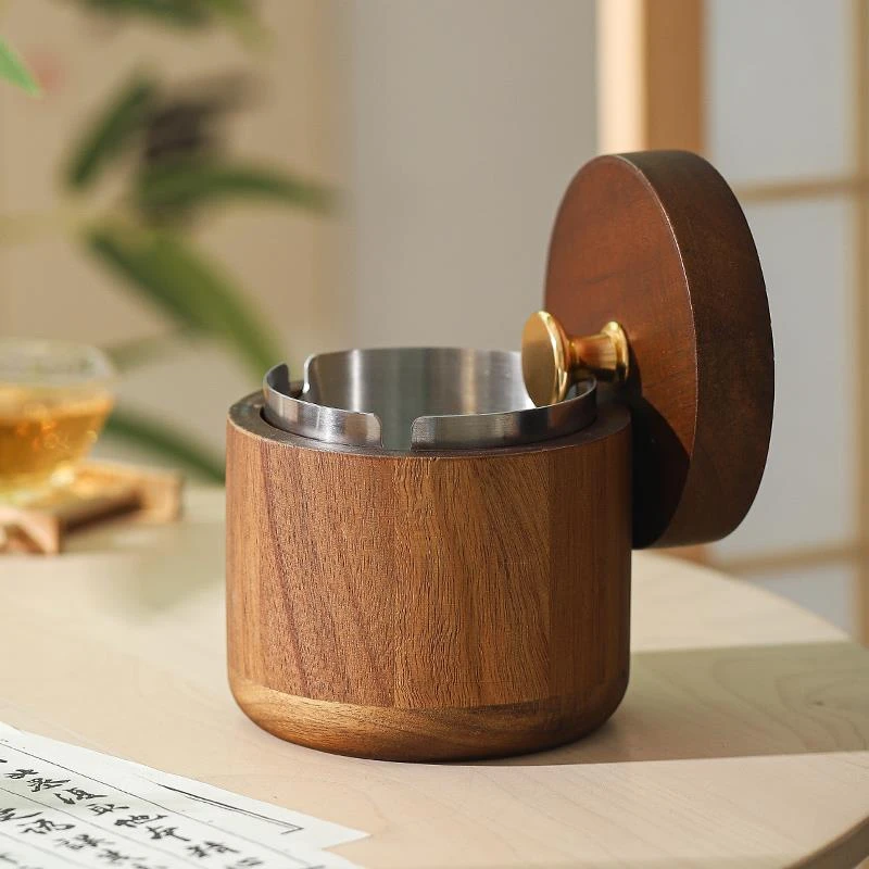 新中式烟灰缸带盖实木办公室大气上档次家用创意潮流个性木质烟缸