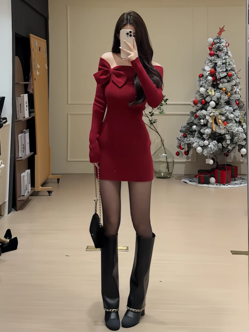 韩系甜美红色蝴蝶结一字肩针织连衣裙独特漂亮绝美掐腰包臀裙