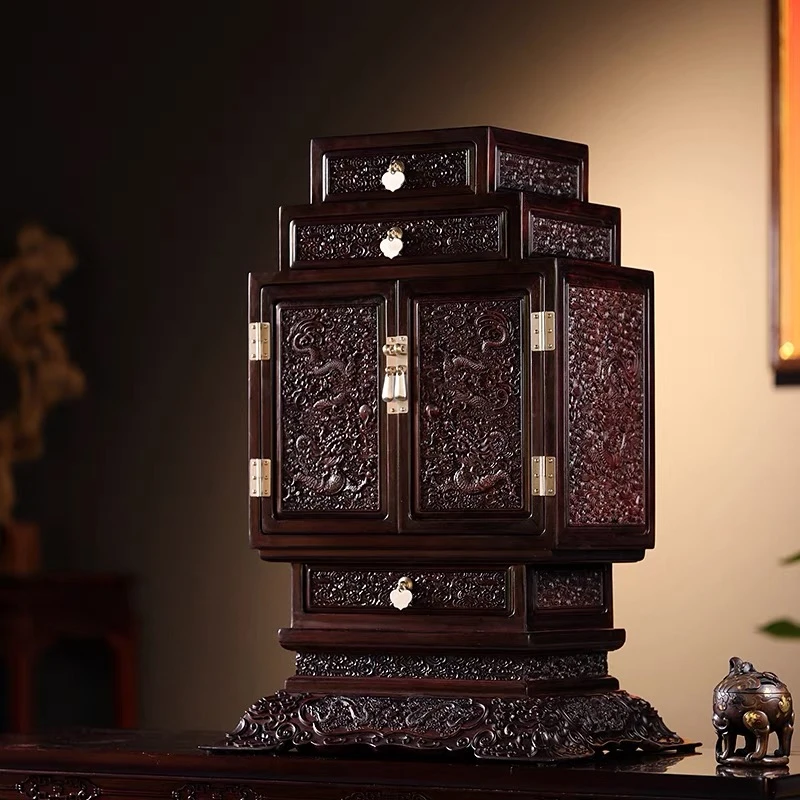 红明式龙柜桌面复古首饰盒收纳柜古典摆件