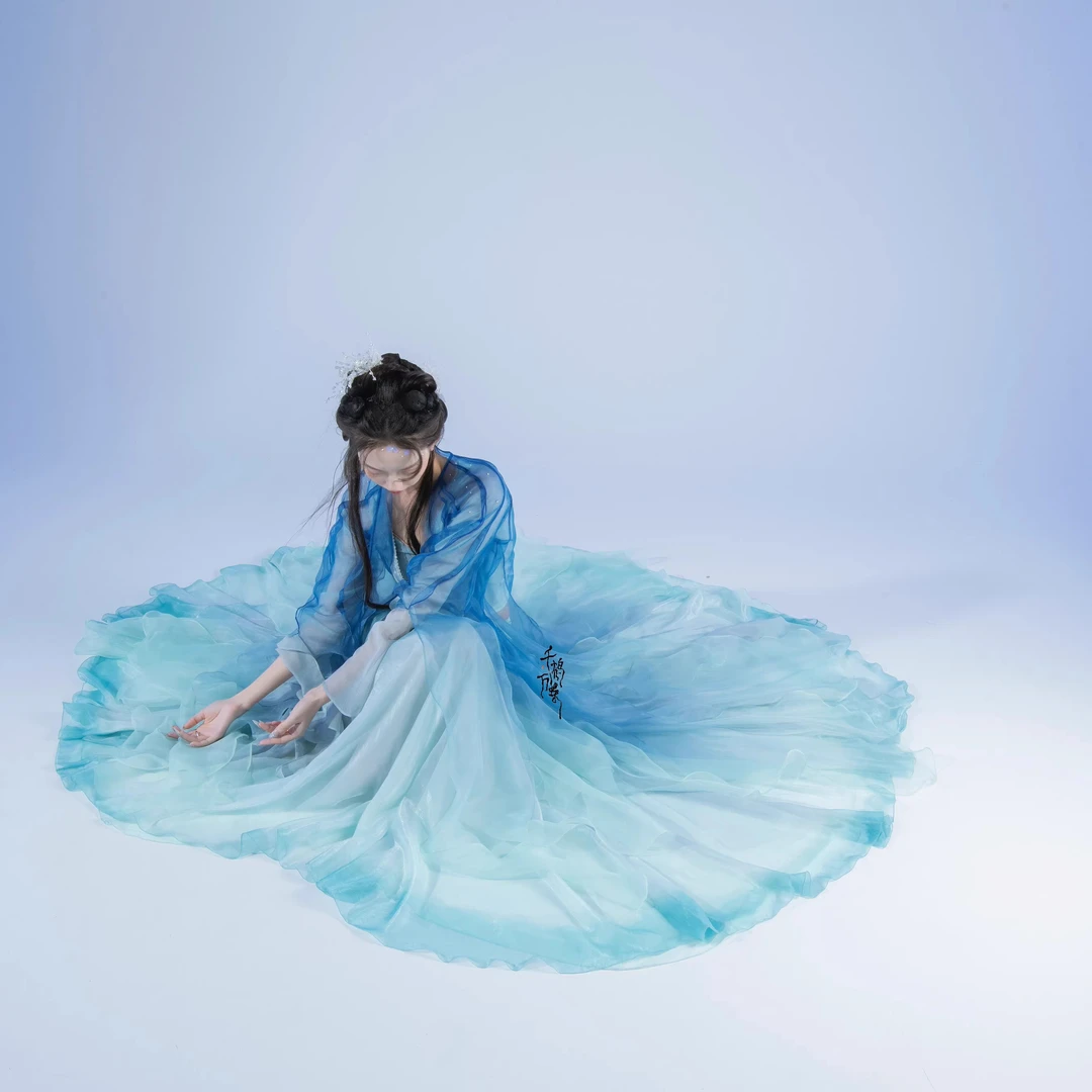 千鹤万蝶碧海沫珠四件套仙气飘逸蓝色渐变色纱裙女古典舞蹈服