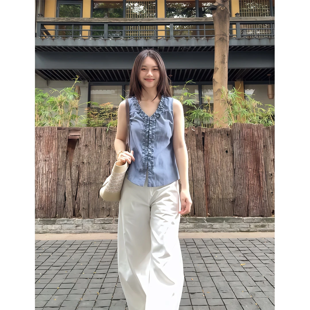 气质时尚复古港味显瘦短款马甲夏季新款高腰休闲百搭纯色阔腿裤女