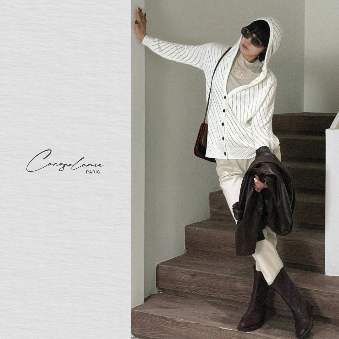 韩彬彬"渔网"静奢镂空连帽贝壳扣通勤白月光显贵调开衫064Y-2