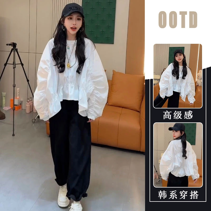 设计感褶皱长袖防晒衬衫2025秋季休闲裤甜美减龄小衫洋气时尚套装