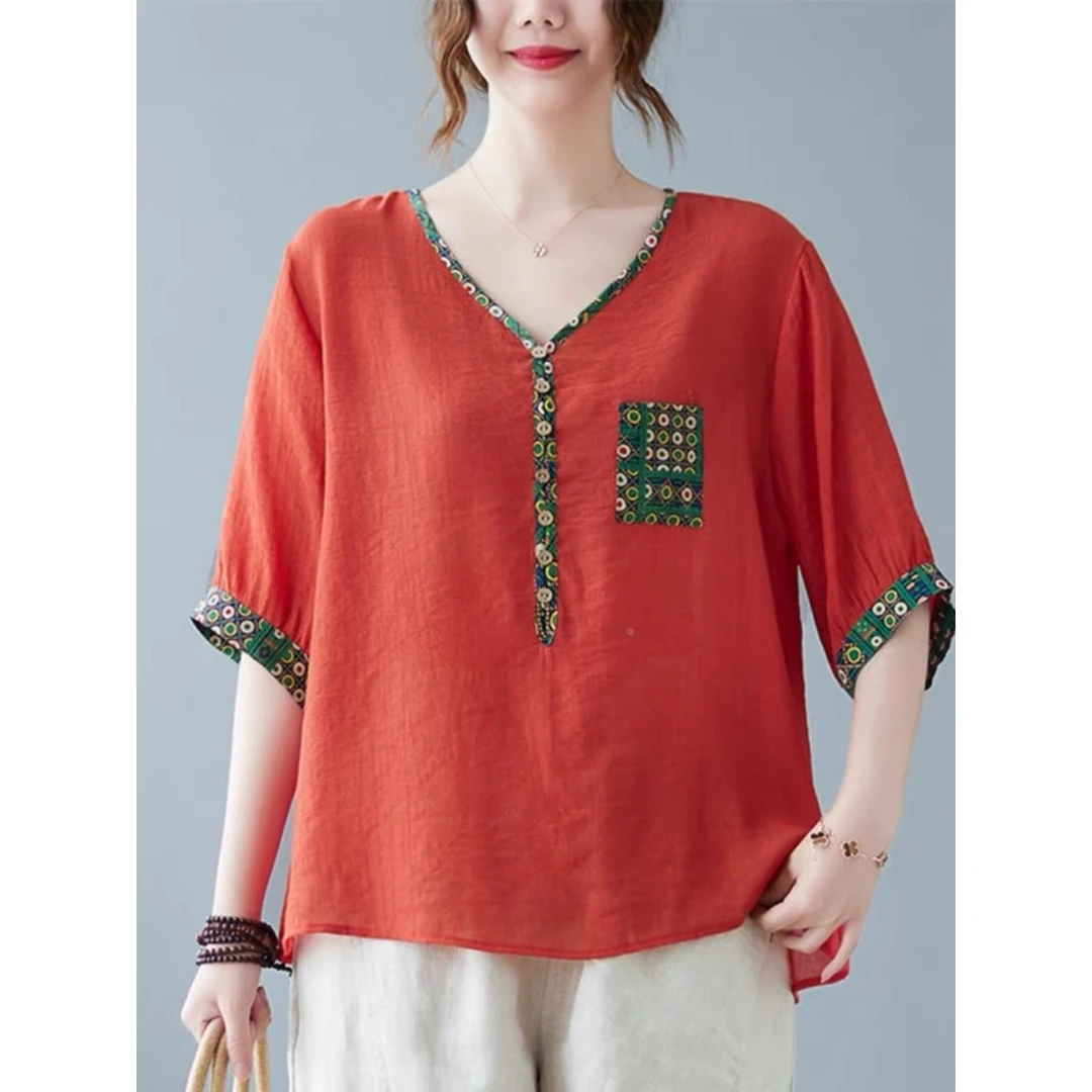 棉麻大码短袖t恤女上衣2025春夏季新款宽松显瘦妈妈装半袖衬衫打