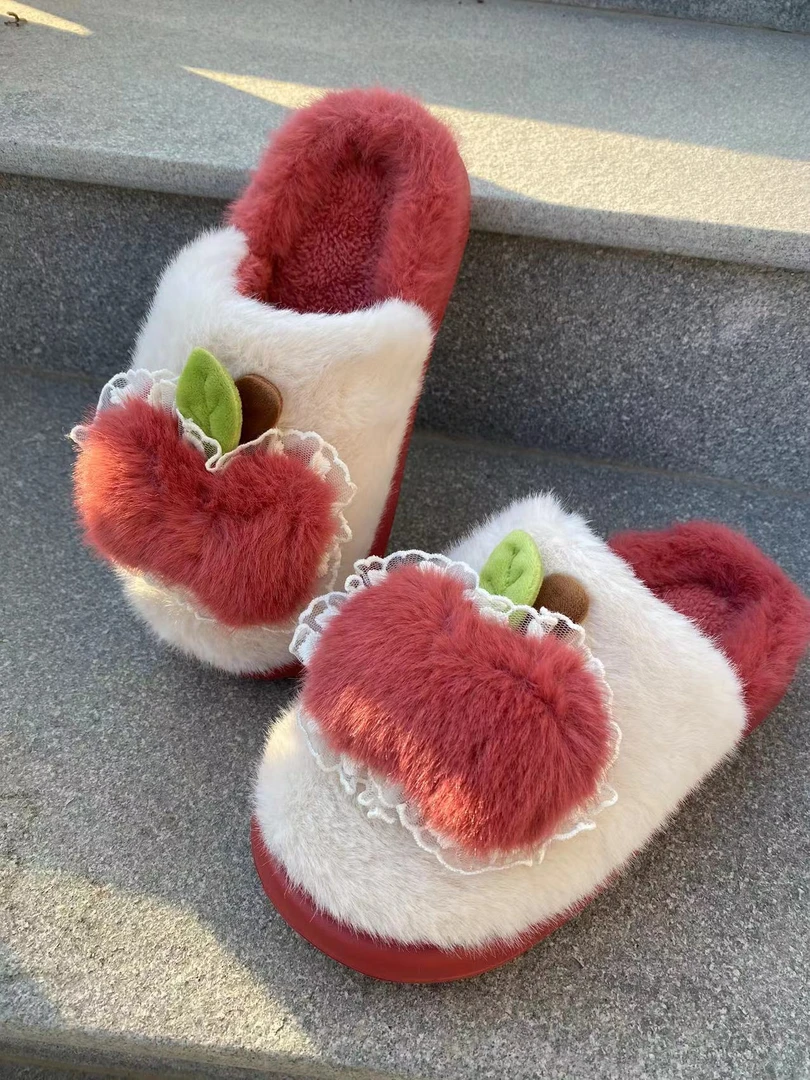 百搭可爱苹果棉拖鞋毛拖卡通棉鞋女冬季室内居家毛绒保暖秋冬潮款