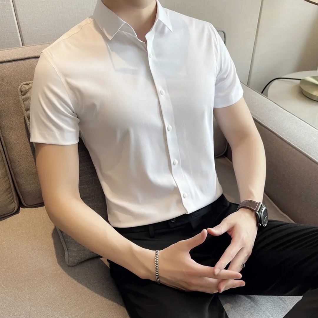 夏季男士商务短袖衬衫白色纯色修身薄款职业正装