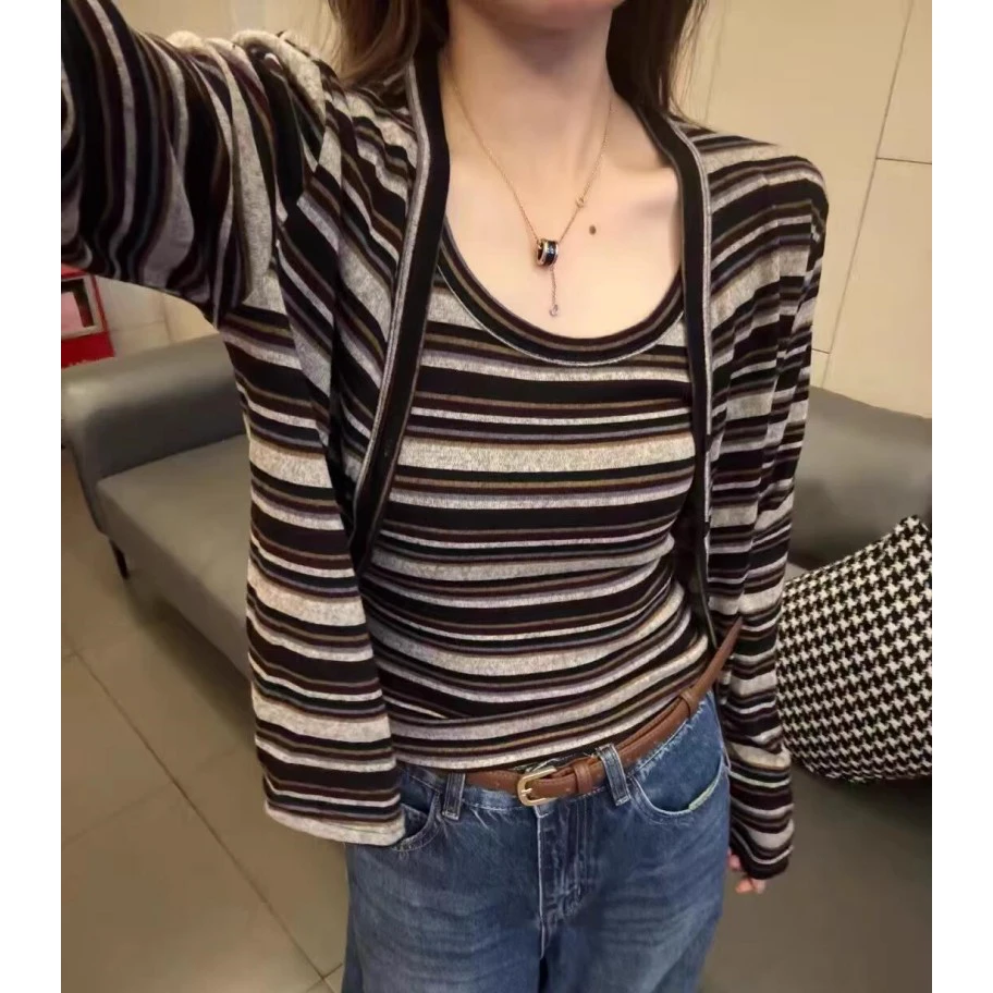 2025早秋新款时尚显瘦百搭圆领长袖条纹开衫+吊带背心两件套上衣