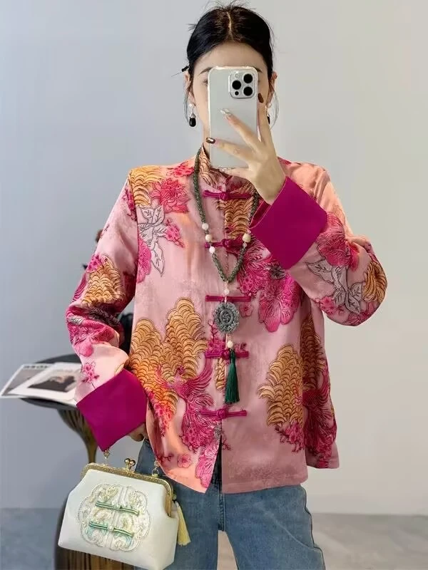 大码2025年新中式国风春装凤凰提花复古扣盘改良唐装女士短款外套