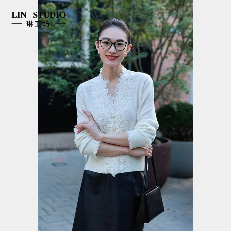 【100%山羊绒】琳工坊“长疏”白色针织衫时尚气质休闲显瘦唐琳设计师