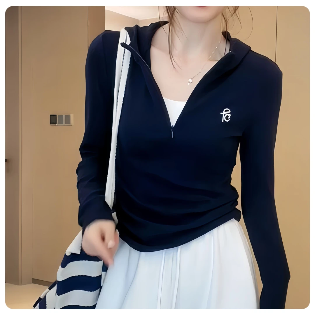 德绒保暖打底衫2025秋季新款连帽刺绣拉链拼接气质休闲百搭上衣女