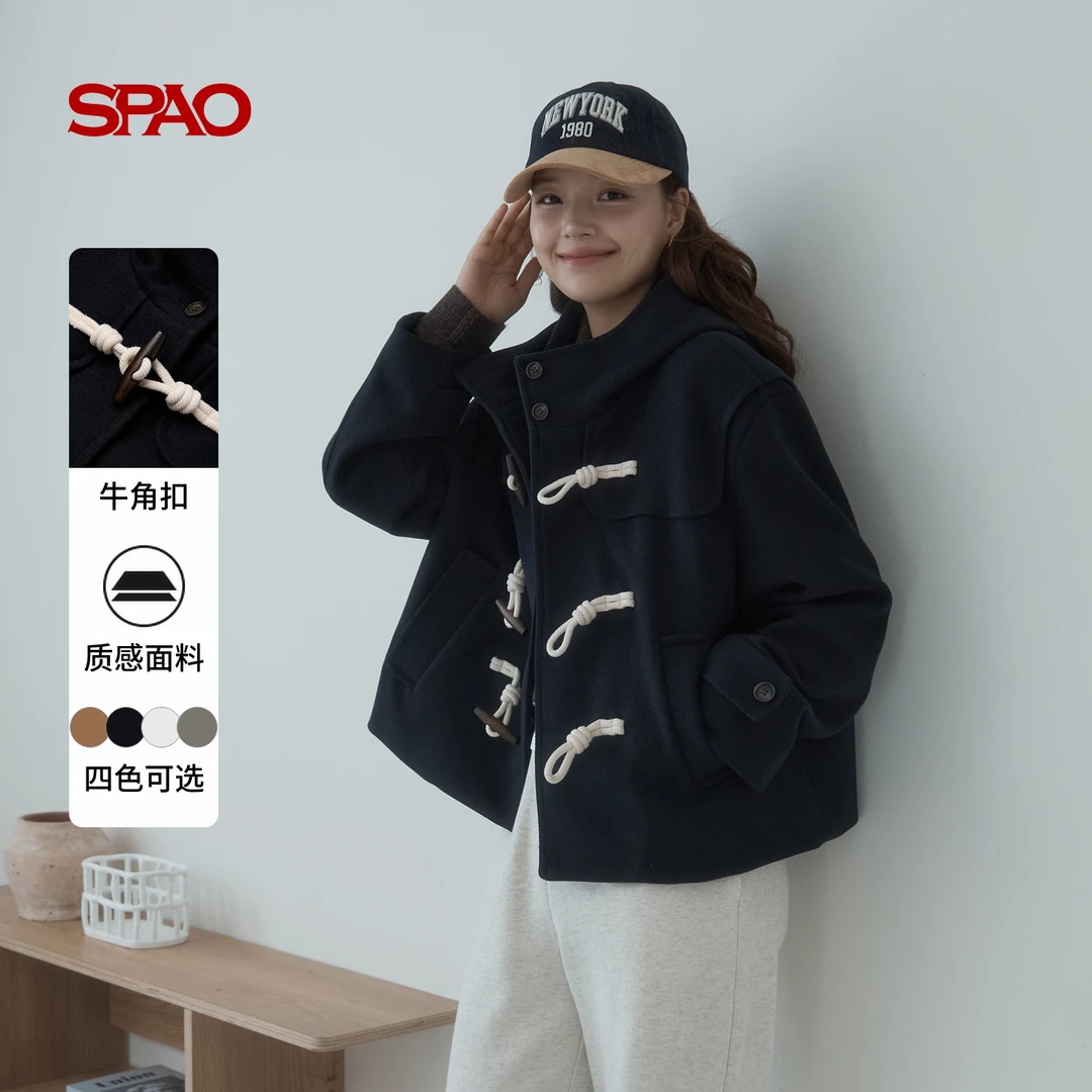 SPAO韩国同款25年秋冬女士牛角扣连帽短款毛呢大衣外套SPJWF4TGY4