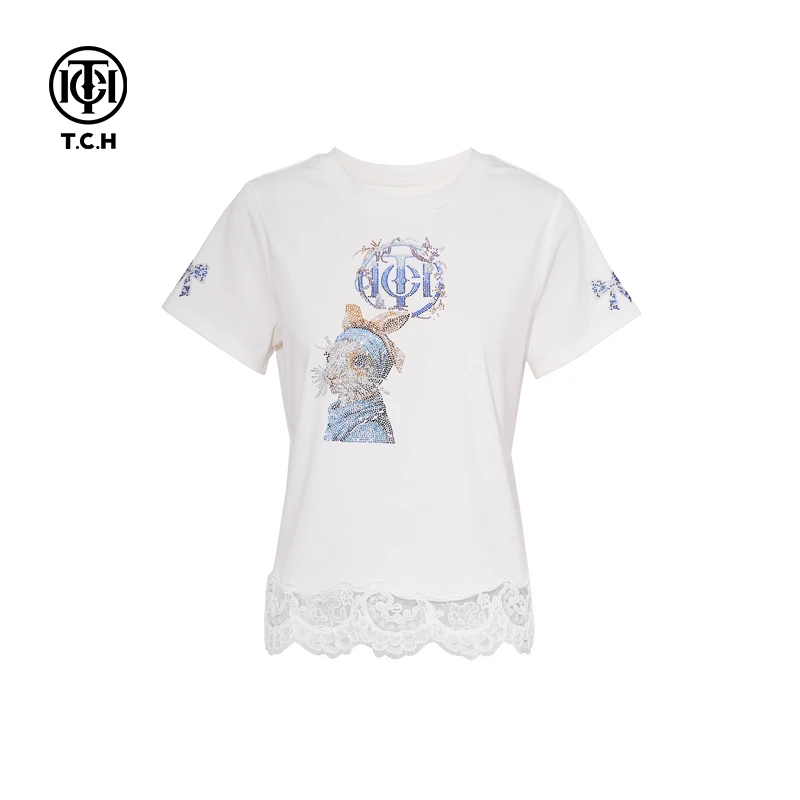 TCH烫钻工艺休闲时尚百搭圆领T恤女T75A10E5035轻奢tch