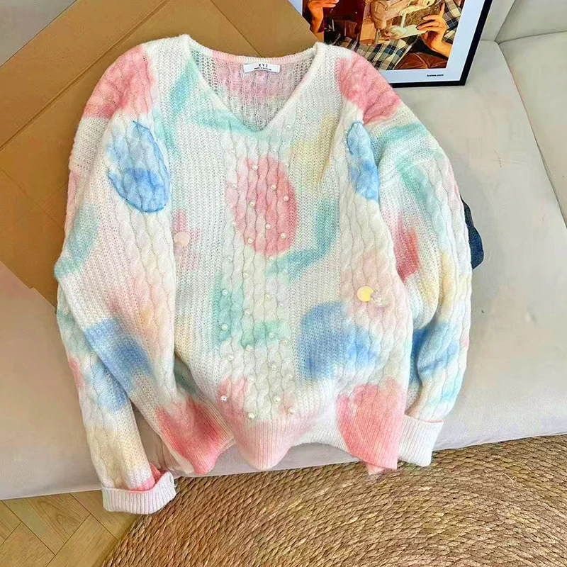 轻奢重工彩绘亮片钉珠软糯马海毛V领套头外穿宽松毛衣女秋冬5509