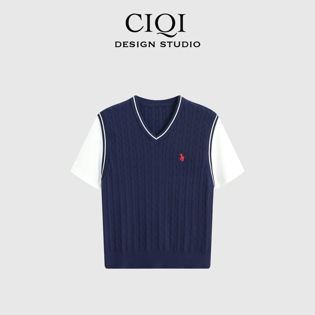 CIQI STUDIO【设计风尚】100%莱赛尔天丝V领刺绣短袖针织衫DY25934