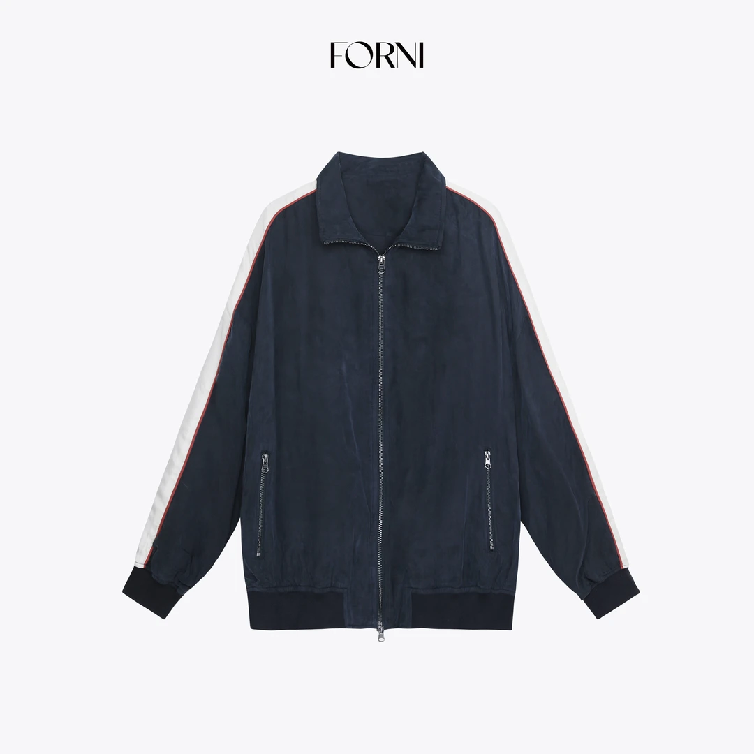 FORNI 风暴骑士 垂坠舒适铜氨丝美式休闲风撞色条纹拉链外套