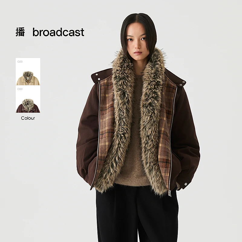 broadcast/播复古可拆卸毛领工装风抽褶夹克羽绒服短款DDS4RD5264