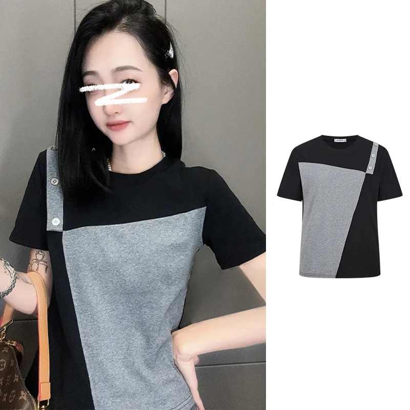 Moses Queen/魔西女王夏季撞色拼接假两件修身显瘦休闲短袖T恤女