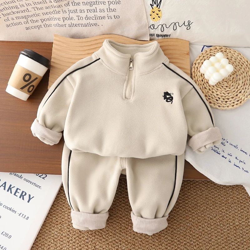 男童套装秋冬款双面奥粒绒儿童加绒卫衣潮婴儿宝宝加厚冬装两件套