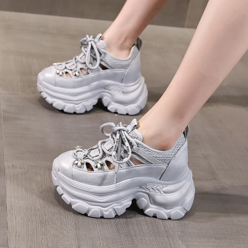 9cm镂空松糕厚底内增高小个子网面镂空透气夏季配裙子老爹凉鞋女