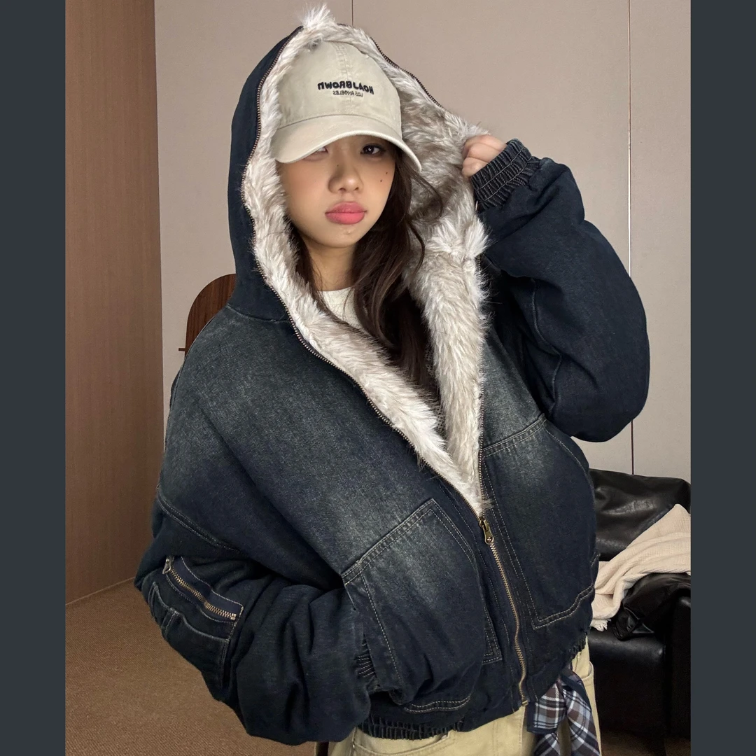 【牛仔毛毛外套】虎皮卷加厚保暖水洗做旧牛仔棉服冬季新款外套