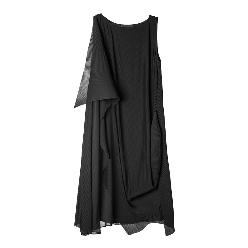 圣迪奥时尚优雅素黑垂坠肌理不规则摆无袖连衣裙S18281278