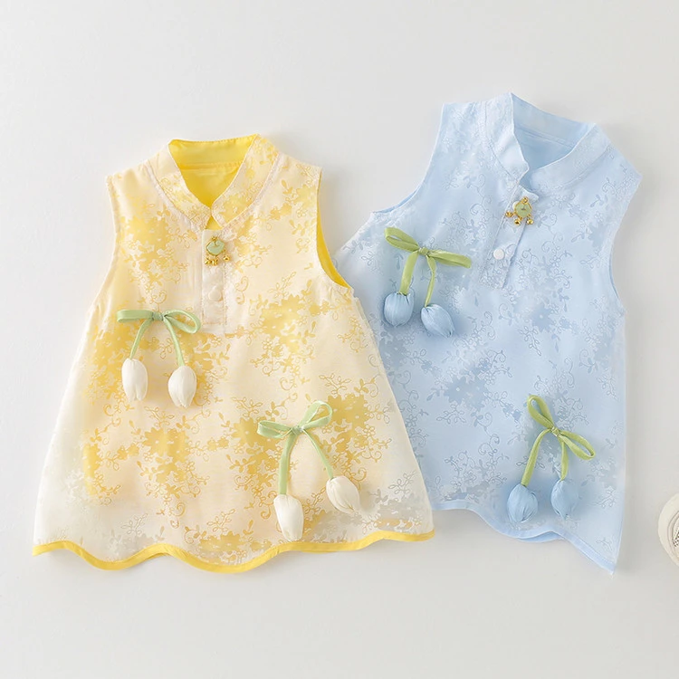 新款夏季女童汉服背心裙可爱花朵装饰宝宝连衣裙百透气