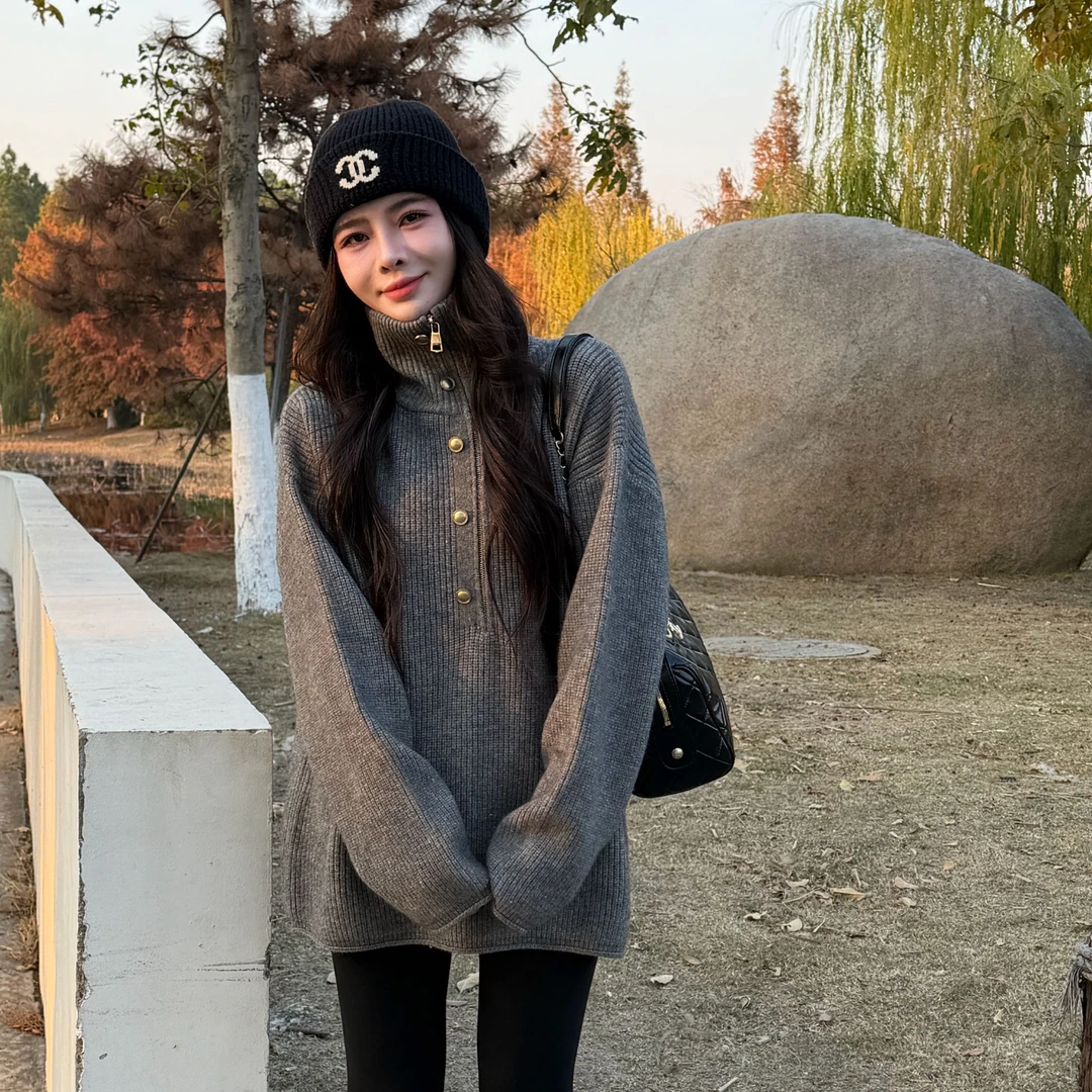 宿慕SUMU韩版半拉链加厚针织衫12-6新款舒适百搭宽松拉链毛衣7755