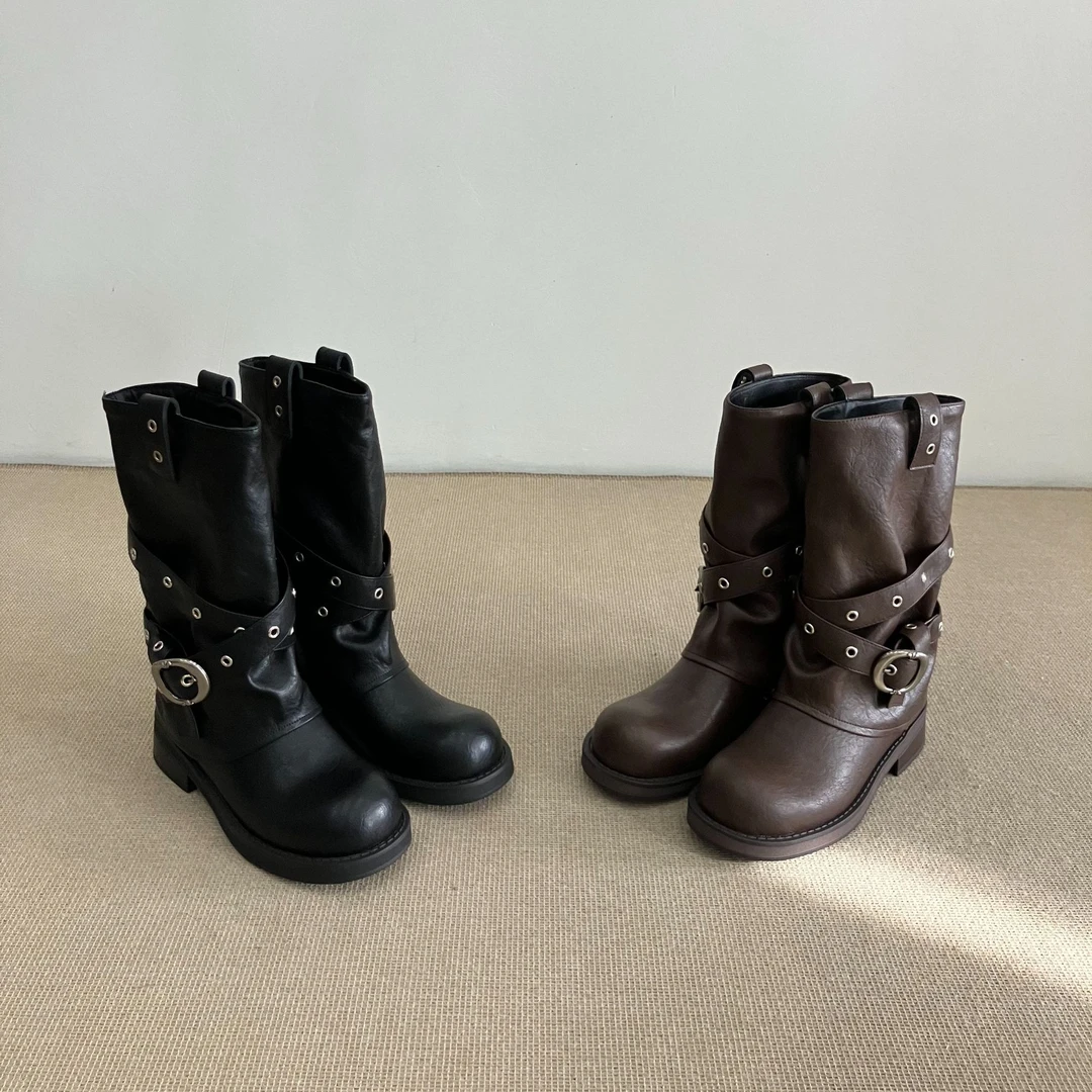 复古风百搭粗跟西部短靴女秋冬新款朋克机车骑士靴女士鞋子新款