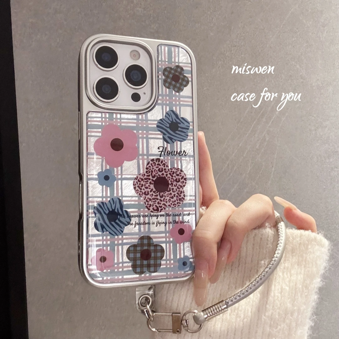 ins风简约蓝格纹小花手机壳适用于iPhone16pro女款14手机壳15潮13