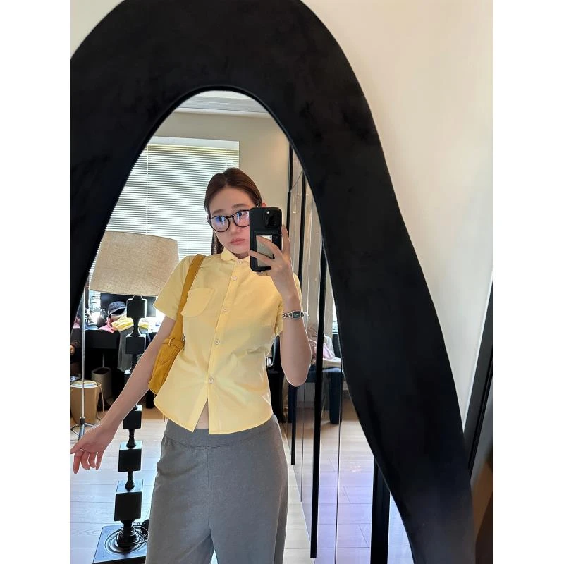 LA  多巴胺黄 短袖娃娃领 衬衫  26440