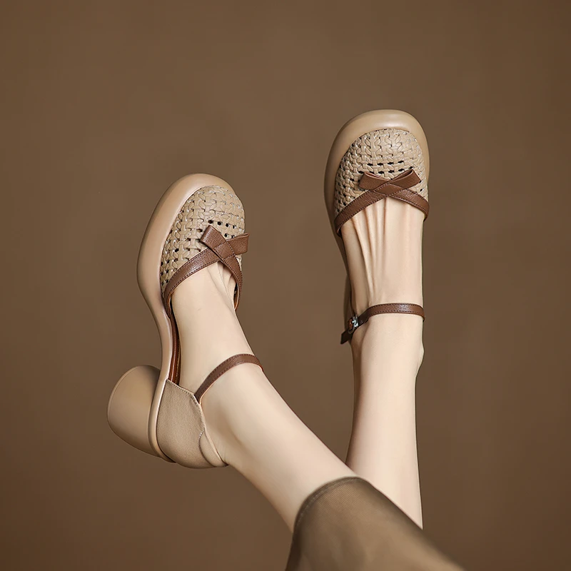 羊皮/7cm/时尚百搭夏季真皮软底复古镂空粗跟厚底妈妈单鞋凉鞋